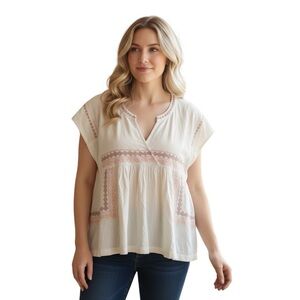 Lucky Brand Cream Embroidered Short Sleeve V-Neck Top